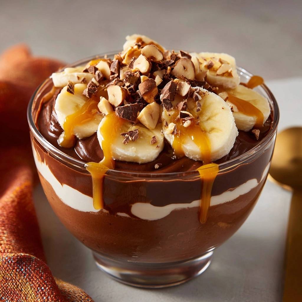 Schoko-Bananen-Haselnuss-Parfait mit Karamell, Bananenscheiben und gehackten Haselnüssen als Topping garniert.