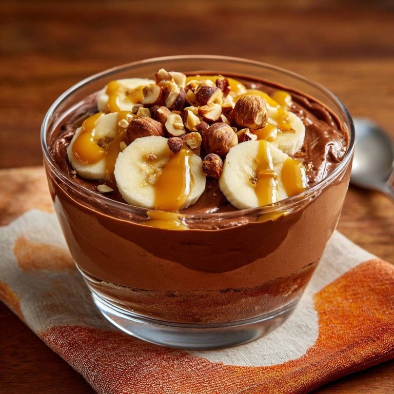 Schoko-Bananen-Haselnuss-Parfait mit Bananenscheiben, Haselnüssen und Karamell-Dressing in einem Glas serviert