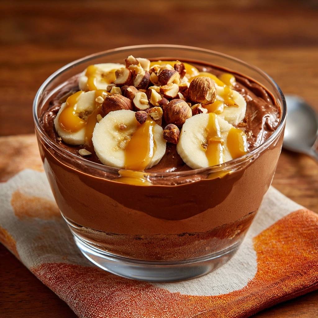 Schoko-Bananen-Haselnuss-Parfait mit Bananenscheiben, Haselnüssen und Karamell-Dressing in einem Glas serviert