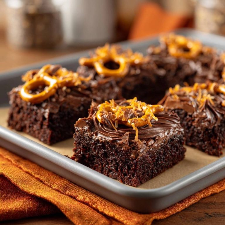 Saftige Schoko-Brownies mit Brezeln und Karamell, garniert mit Brezelstücken und Schokostreuseln auf einem Backblech.