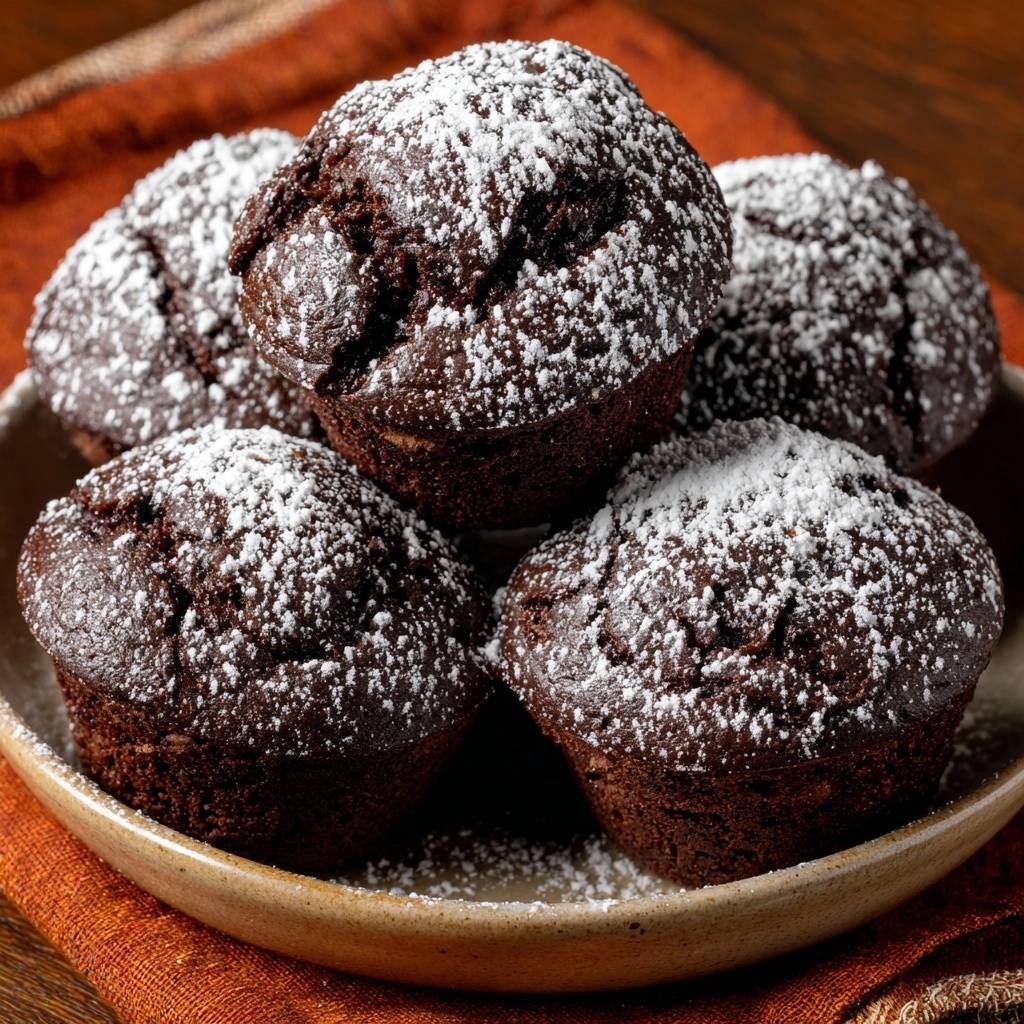 Schoko-Muffins mit Puderzucker bestäubt, die eine luftige und reiche Textur offenbaren, ein köstlicher Genuss.