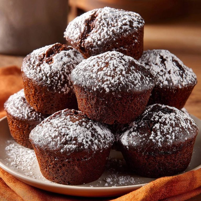 Schoko-Muffins sind auf einem Teller gestapelt und mit Puderzucker bestäubt, was auf ihre hohe und fluffige Form hinweist.
