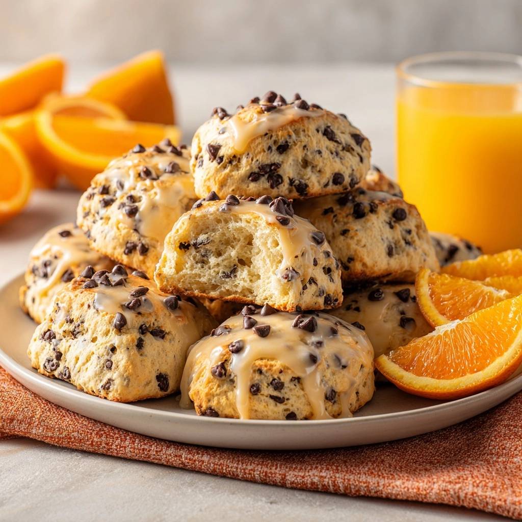 Schoko-Orange-Scones angeschnitten mit Glasur und Schokostückchen, daneben frische Orangenscheiben und Orangensaft.