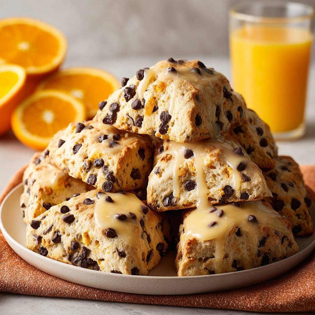 Schoko-Orange-Scones, gestapelt auf einem Teller und mit Glasur übergossen, mit Orangenscheiben im Hintergrund