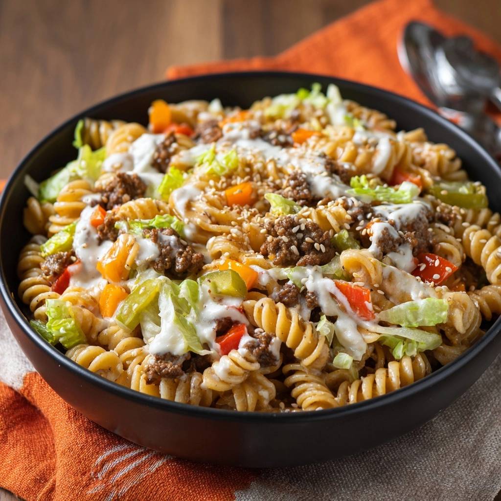 Sesam-Hack-Pasta-Bowl Nahaufnahme mit Rindfleisch, Gemüse und cremiger Sauce in einer schwarzen Schüssel.
