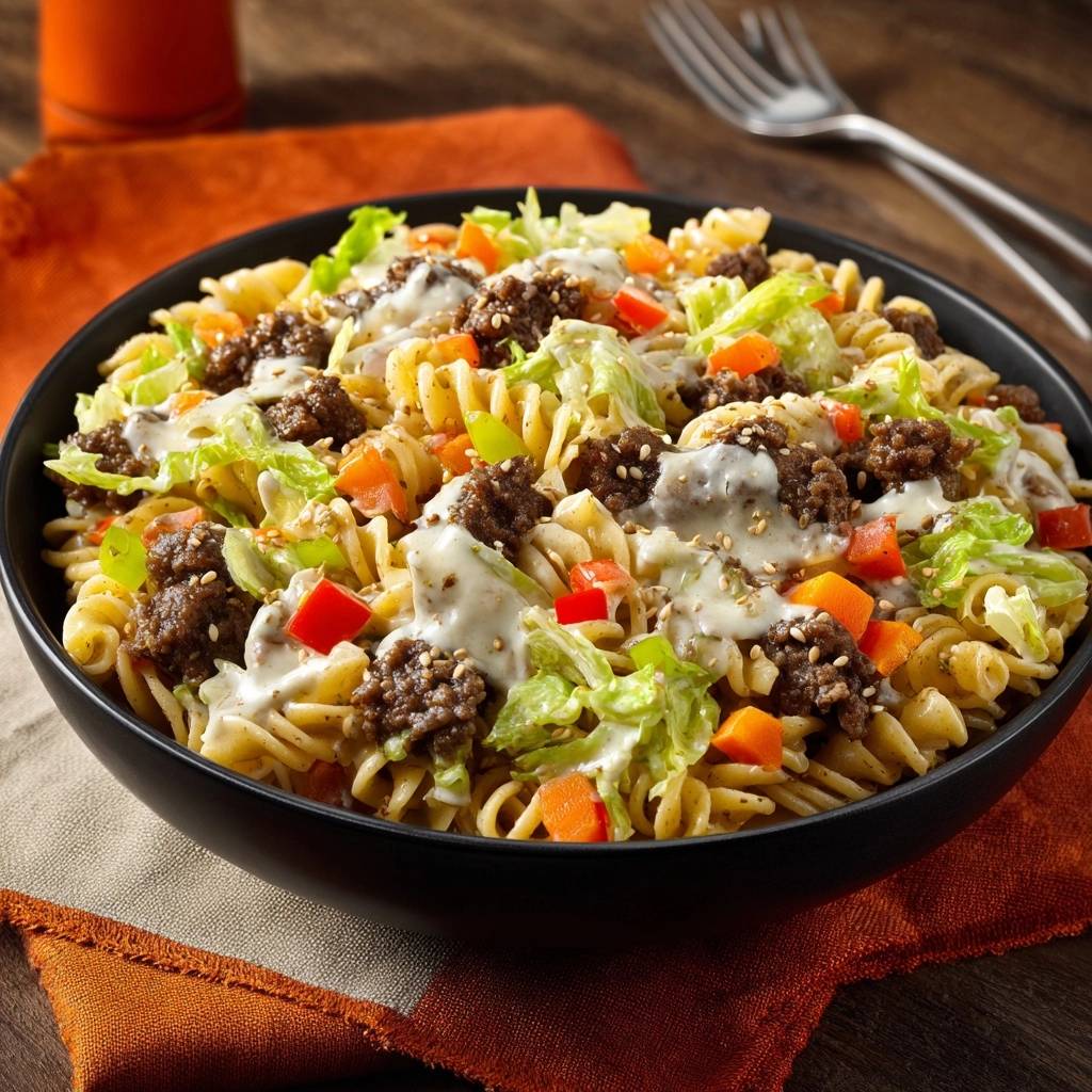Sesam-Hack-Pasta-Bowl mit knackigem Gemüse und cremiger Sauce, Nahaufnahme der Textur und Zutaten.