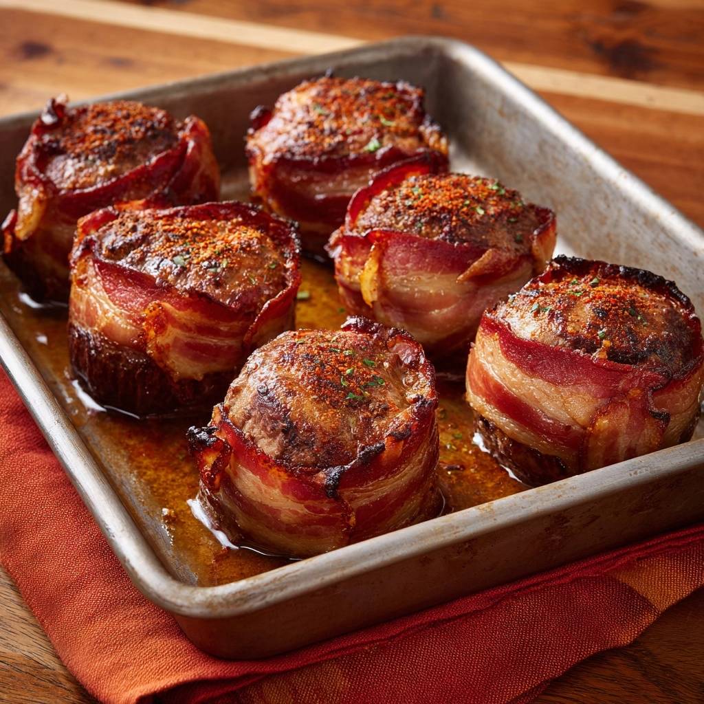 Speck-gewickelte Rinderfilets im Backblech, saftig und zart, mit Gewürz bestreut