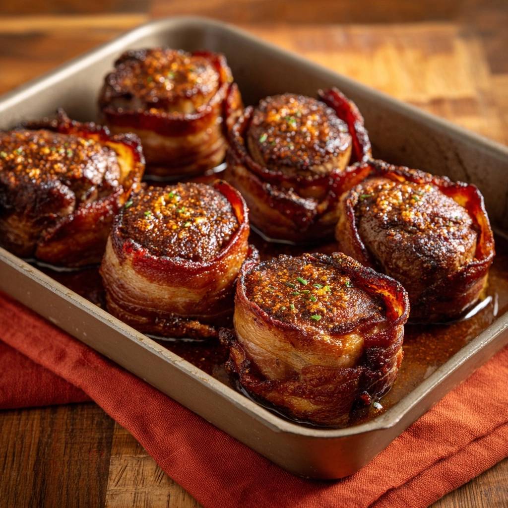 Speck-gewickelte Rinderfilets, saftig zart in einem Bratblech arrangiert, Nahaufnahme der Textur.