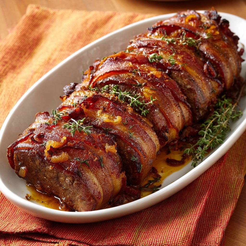 Saftiger Speck-umhüllter Hackbraten mit Orangen-Glasur, angeschnitten in einer ovalen Auflaufform mit frischem Thymian garniert.