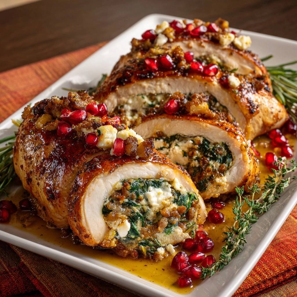 Spinat-Feta-gefüllte Hähnchenbrust mit Walnüssen & Granatapfel, angeschnitten mit sichtbarer Füllung und Garnitur.