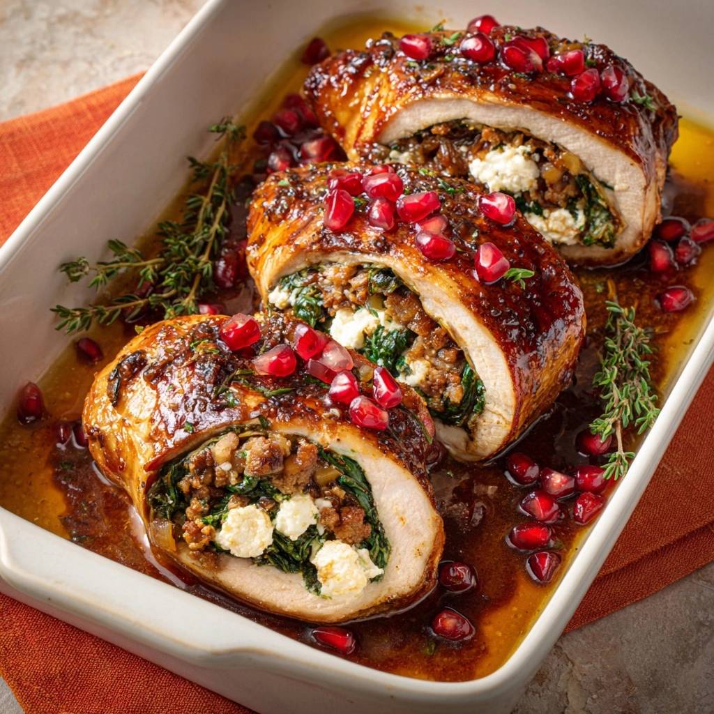 Spinat-Feta-gefüllte Hähnchenbrust mit Walnüssen & Granatapfel im Anschnitt, mit saftiger Füllung sichtbar.