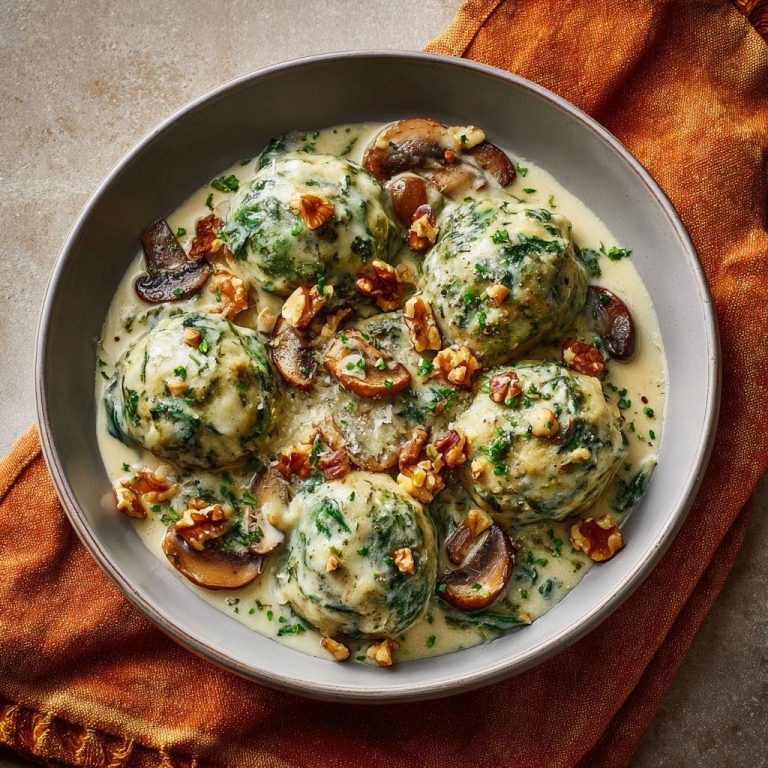 Spinat-Ricotta-Gnudi in cremiger Pilz-Walnuss-Soße, kunstvoll in einer Schüssel mit Walnüssen und Pilzscheiben serviert.