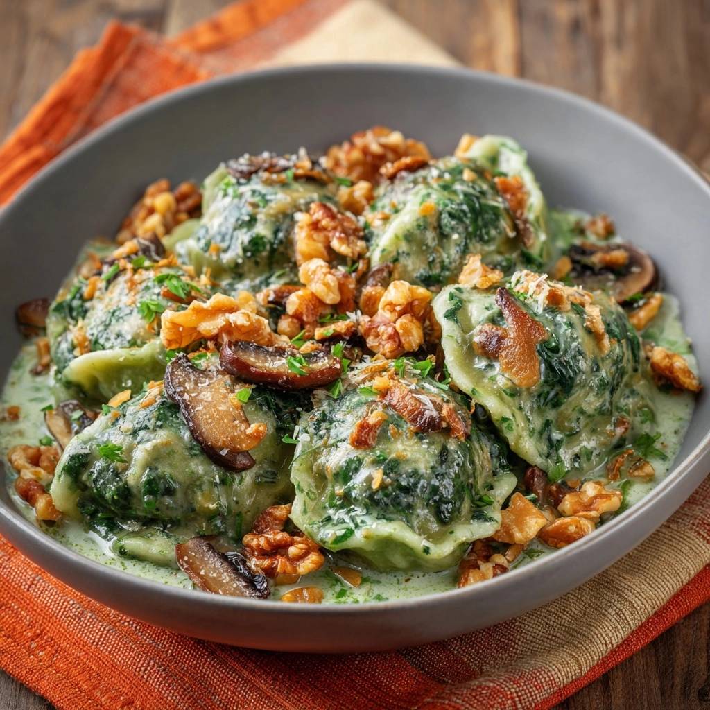 Spinat-Ricotta-Gnudi in cremiger Pilz-Walnuss-Soße, nahaufnahme der servierten Portion mit Pilzen und Walnüssen garniert.