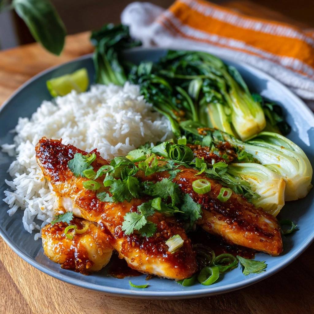 Glasierter Teriyaki-Lachs mit Pak Choi und Reis, serviert auf einem blauen Teller mit Limettenspalte und Koriandergarnitur.