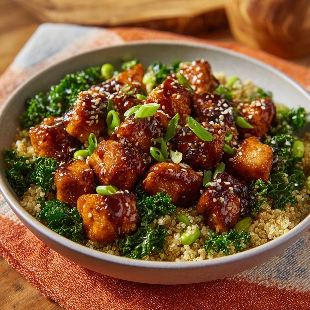 Knuspriger Teriyaki-Tofu-Bowl mit Quinoa, Edamame und Grünkohl, garniert mit Sesam und Frühlingszwiebeln.