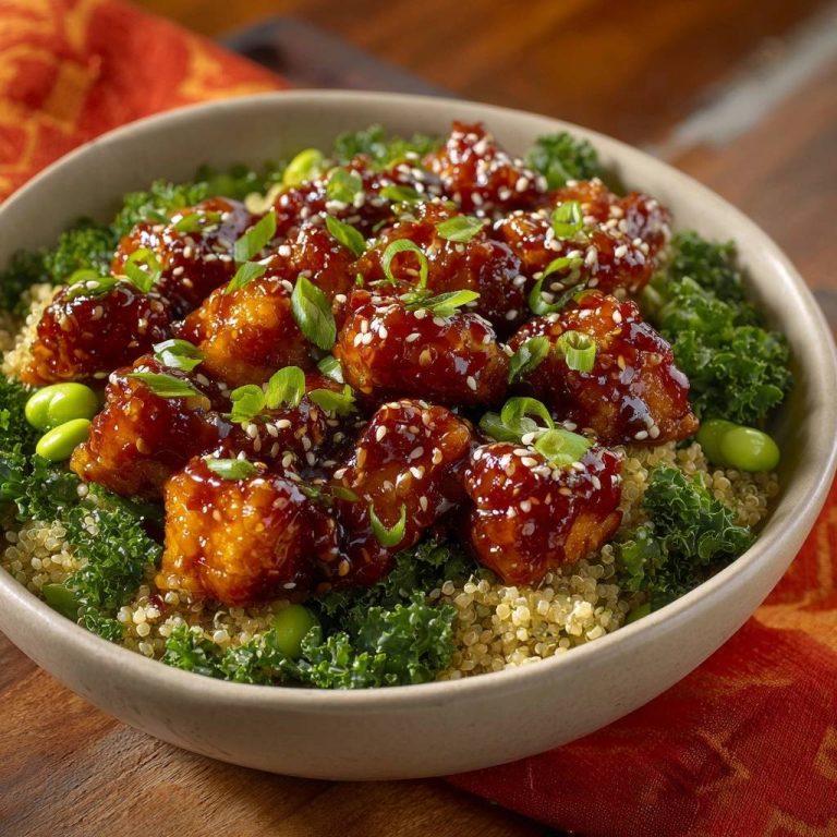 Knuspriger Teriyaki-Tofu-Bowl Rezept – Vegan, serviert mit Quinoa, Edamame und garniert mit Sesam und Frühlingszwiebeln.