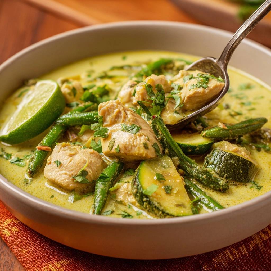 Cremiges Thai-Hühner-Curry mit Zucchini & Bohnen, ein Löffel mit Hühnchen und Gemüse wird aus der Schüssel gehoben.