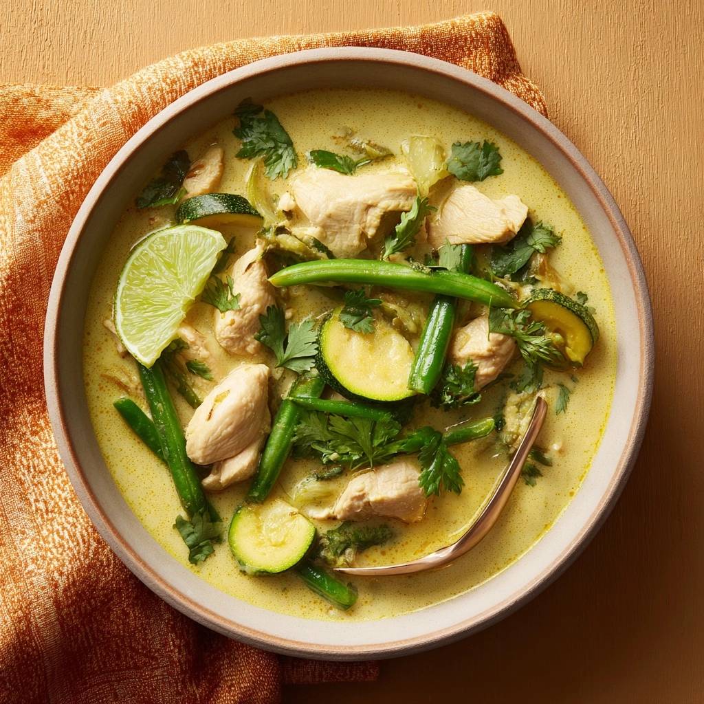 Cremiges Thai-Hühner-Curry mit Zucchini & Bohnen, Nahaufnahme der frischen Zutaten in der Schüssel.