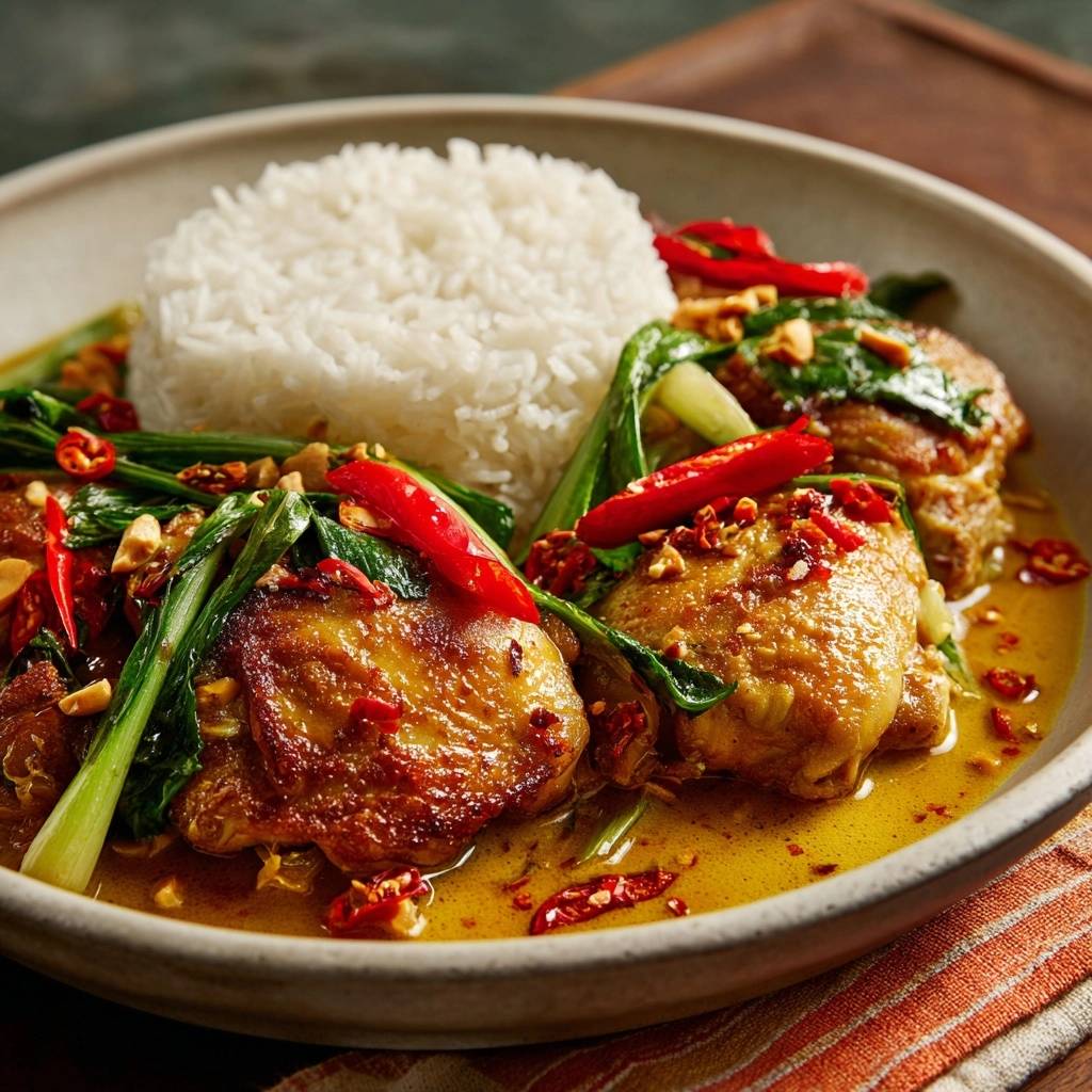 Thailändisches Hähnchen-Curry mit Erdnüssen und Pak Choi, serviert mit Reis in einer Schüssel mit Chilischoten und knackigem Gemüse.