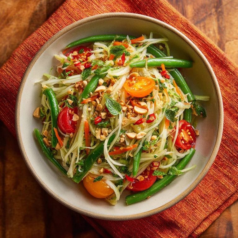 Knackiger Thailändischer Papaya-Salat mit grünen Bohnen und Erdnüssen, Nahaufnahme aus der Vogelperspektive