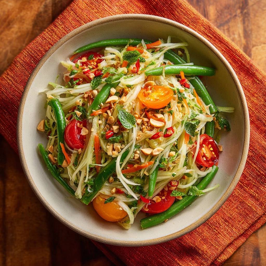 Knackiger Thailändischer Papaya-Salat mit grünen Bohnen und Erdnüssen, Nahaufnahme aus der Vogelperspektive