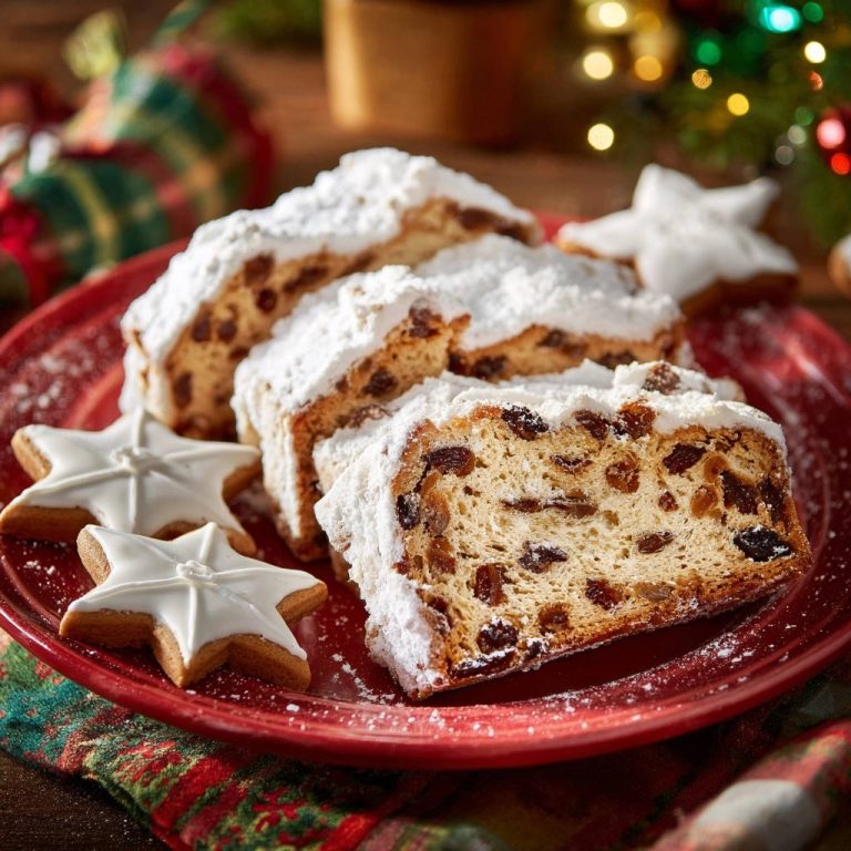 Traditioneller Weihnachtsstollen angeschnitten auf einem roten Teller mit Sternplätzchen, zeigt saftigen Innenraum mit Rosinen.