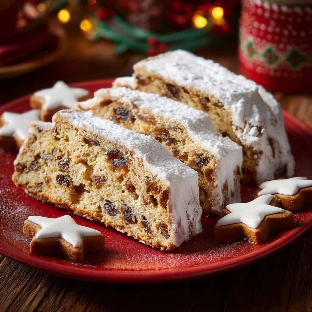 Traditioneller Weihnachtsstollen angeschnitten auf einem roten Teller mit kleinen Sternenplätzchen und Puderzucker bestäubt.