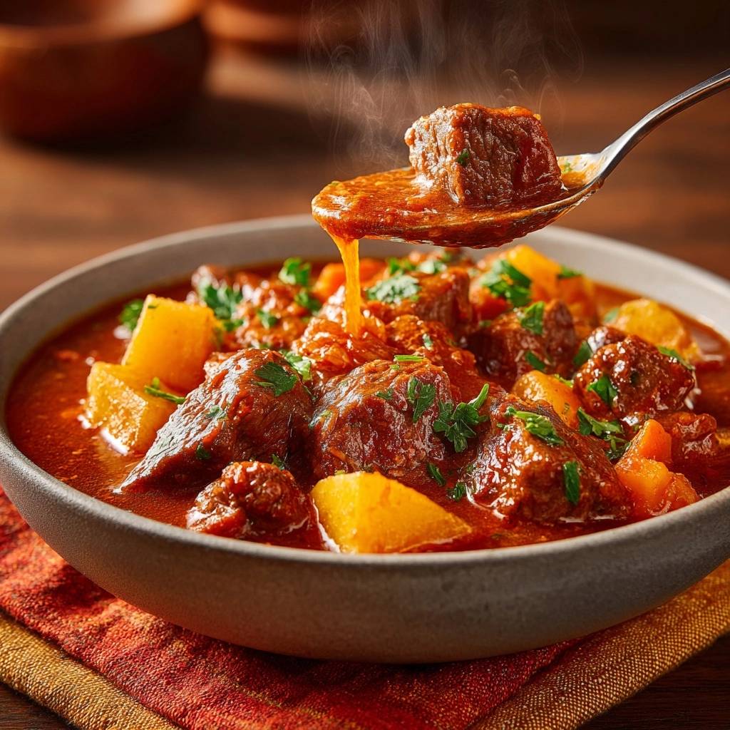 Ungarisches Rindergulasch mit Dampf, auf einem Löffel serviert und mit Petersilie garniert.