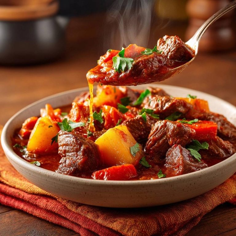 Ungarisches Rindergulasch, saftig und zart, auf einem Löffel mit dampfenden Sauce und frischer Petersilie.