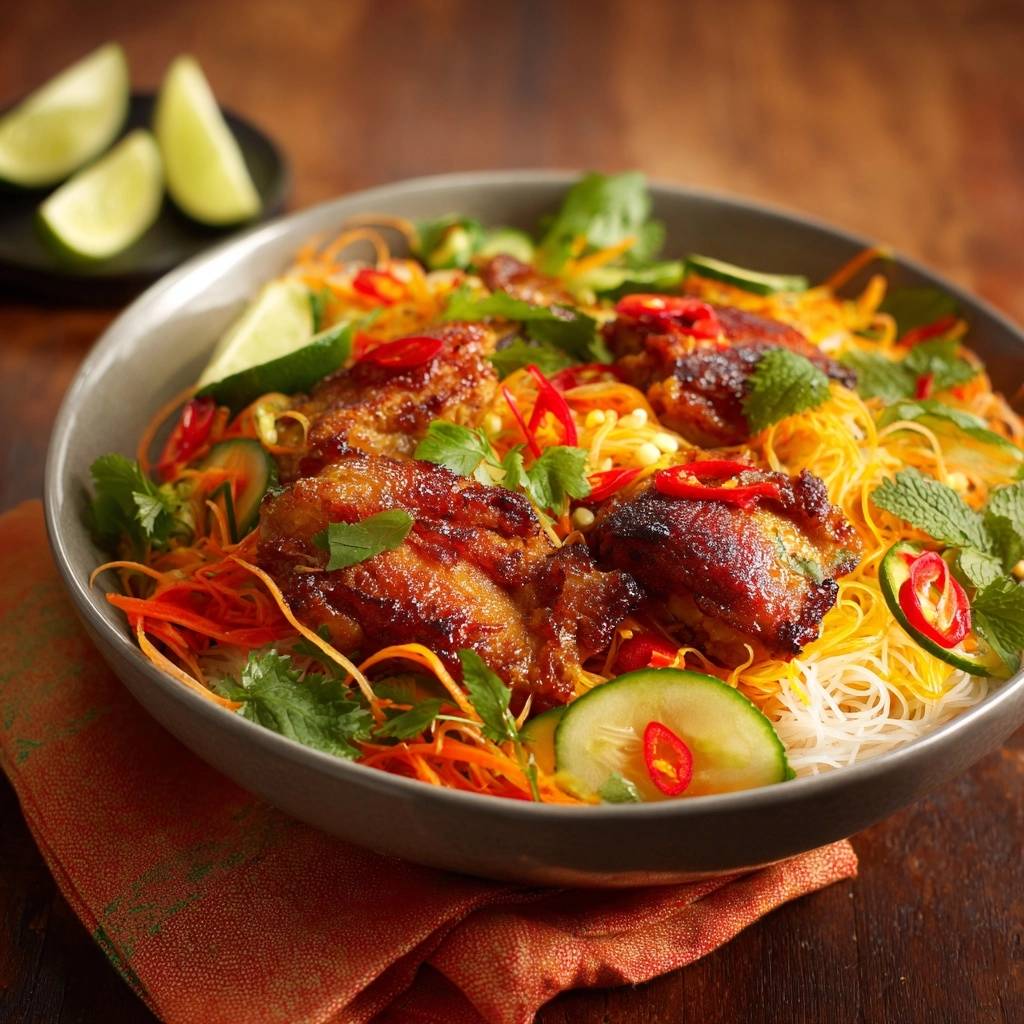 Vietnamesischer Reisnudelsalat mit karamellisiertem Hähnchen, nah aufgenommen mit frischer Garnitur aus Kräutern und Chilis.