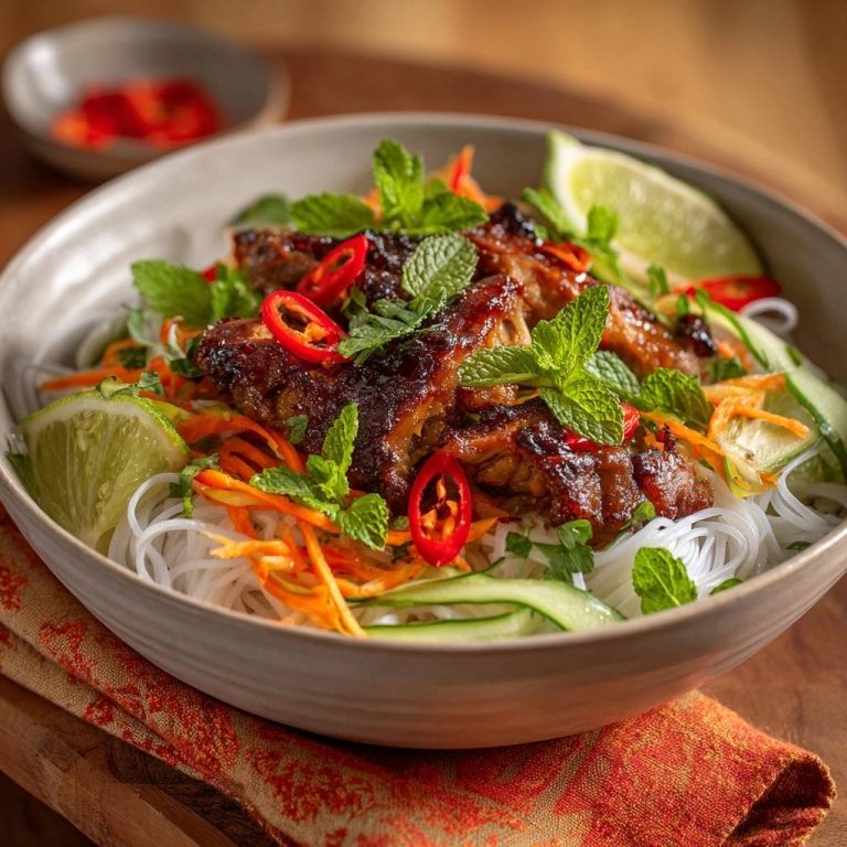 Vietnamesischer Reisnudelsalat mit karamellisiertem Hähnchen, nahaufnahme der garnierten Schüssel mit frischen Kräutern und Chilis.
