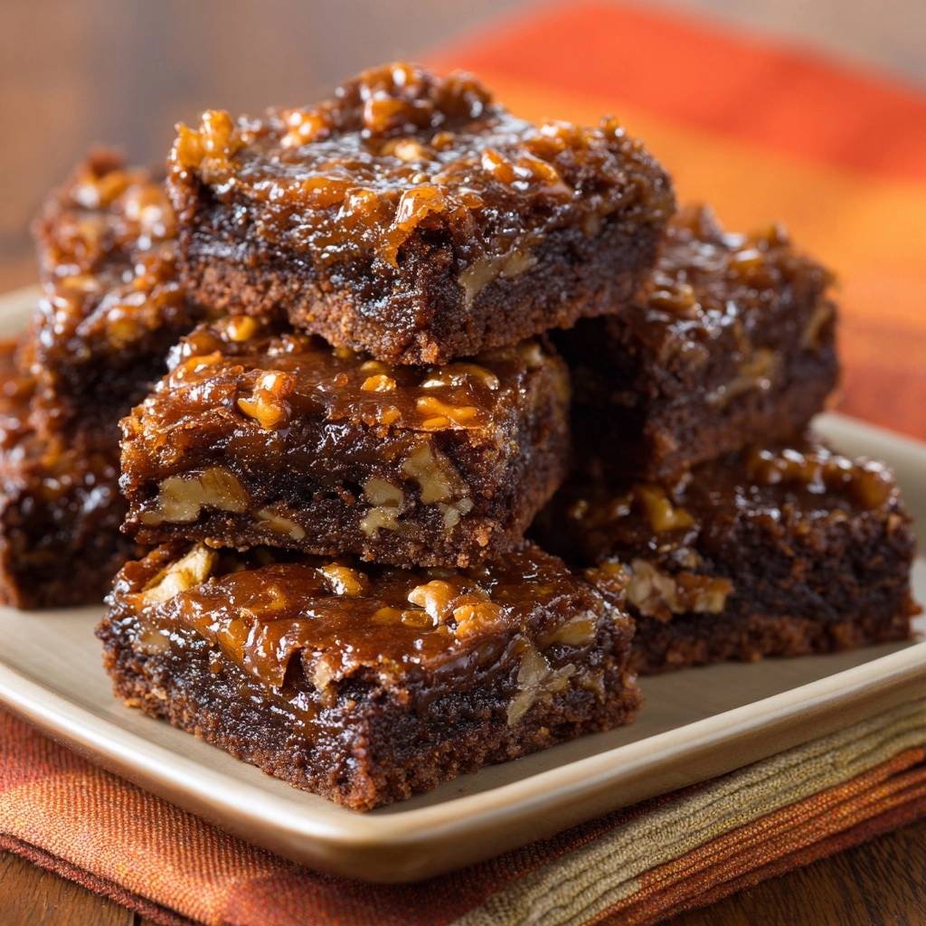 Walnuss-Karamell-Brownies als Nahaufnahme eines gestapelten Desserts, die glänzende Karamellglasur und Nüsse zeigen.