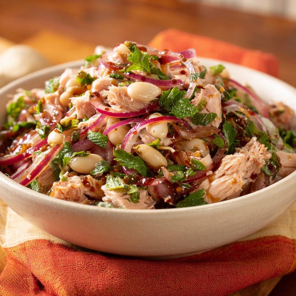 Weißbohnensalat mit Lammfleisch, Minze und roten Zwiebeln in einer Schüssel, Nahaufnahme mit detaillierter Ansicht der Zutaten.