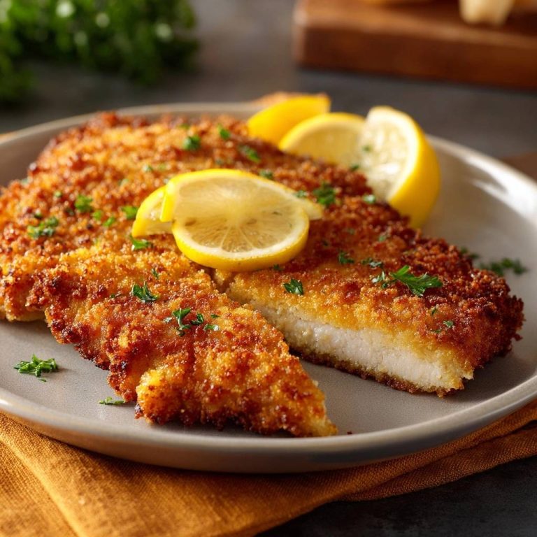 Wiener Schnitzel angeschnitten auf einem Teller mit Zitronenscheiben und Petersilie garniert, perfekt für das Rezept.