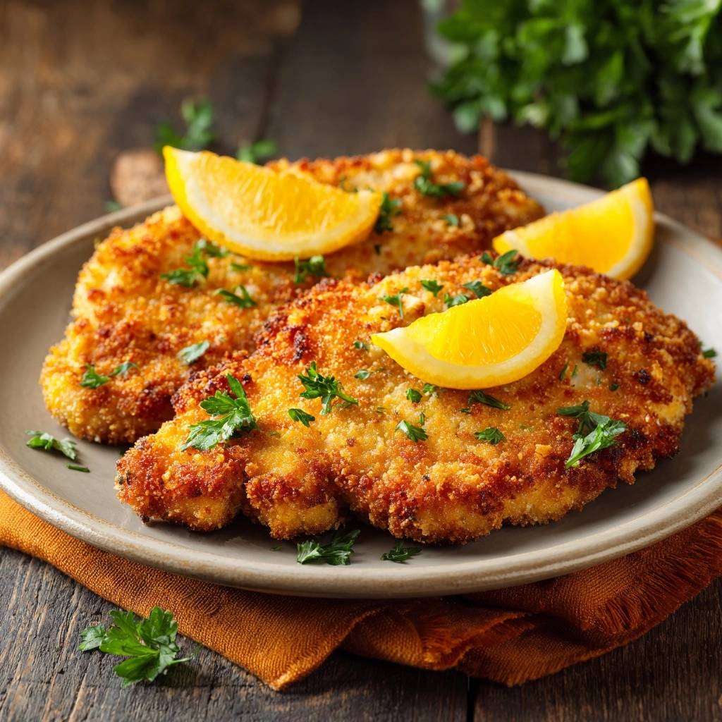 Wiener Schnitzel, paniertes Kalbsschnitzel garniert mit Orangenscheiben und frischer Petersilie auf einem Teller