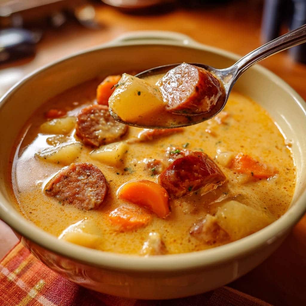 Herzhafter Wurst-Kartoffel-Eintopf, der mit einem Löffel aus der Schüssel gehoben wird, zeigt Kartoffelstücke und Wurstscheiben.