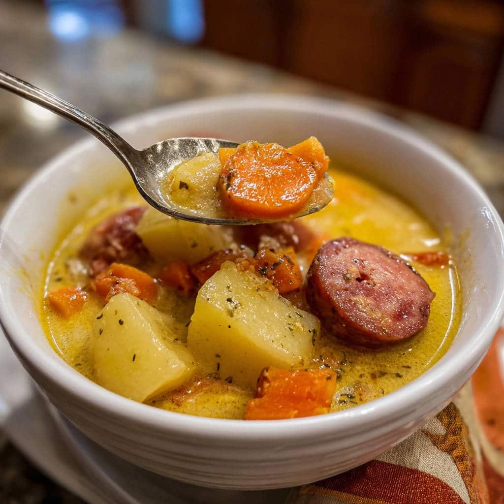 Herzhafter Wurst-Kartoffel-Eintopf auf einem Löffel gezeigt, mit Kartoffeln, Karotten und Wurst in cremiger Brühe.