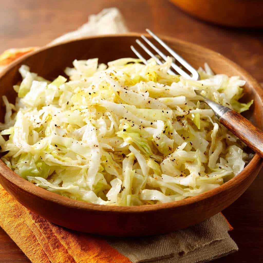 Zarter Weißkohl aus der Pfanne auf einer Gabel in einer Holzschale, mit schwarzem Pfeffer bestreut.