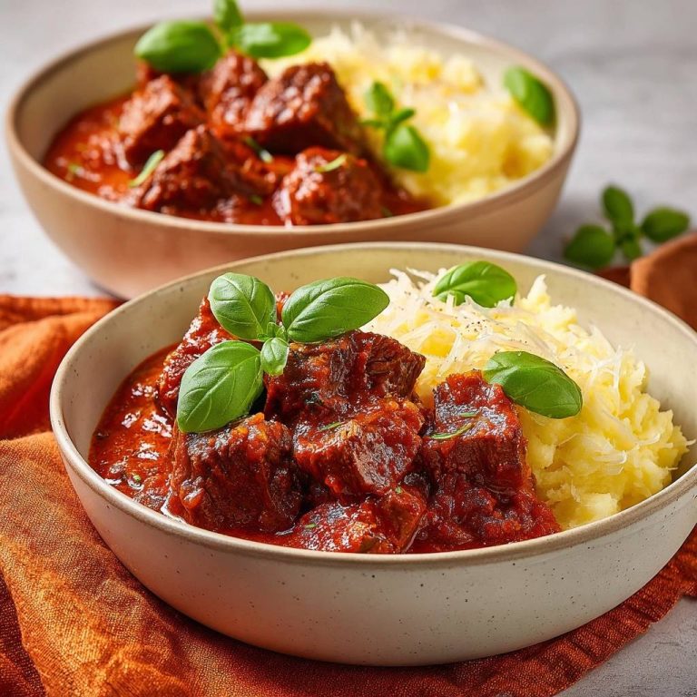 Zartes Rindfleischragout mit cremigem Kartoffelpüree, serviert in einer Schüssel mit frischem Basilikum und geriebenem Käse.