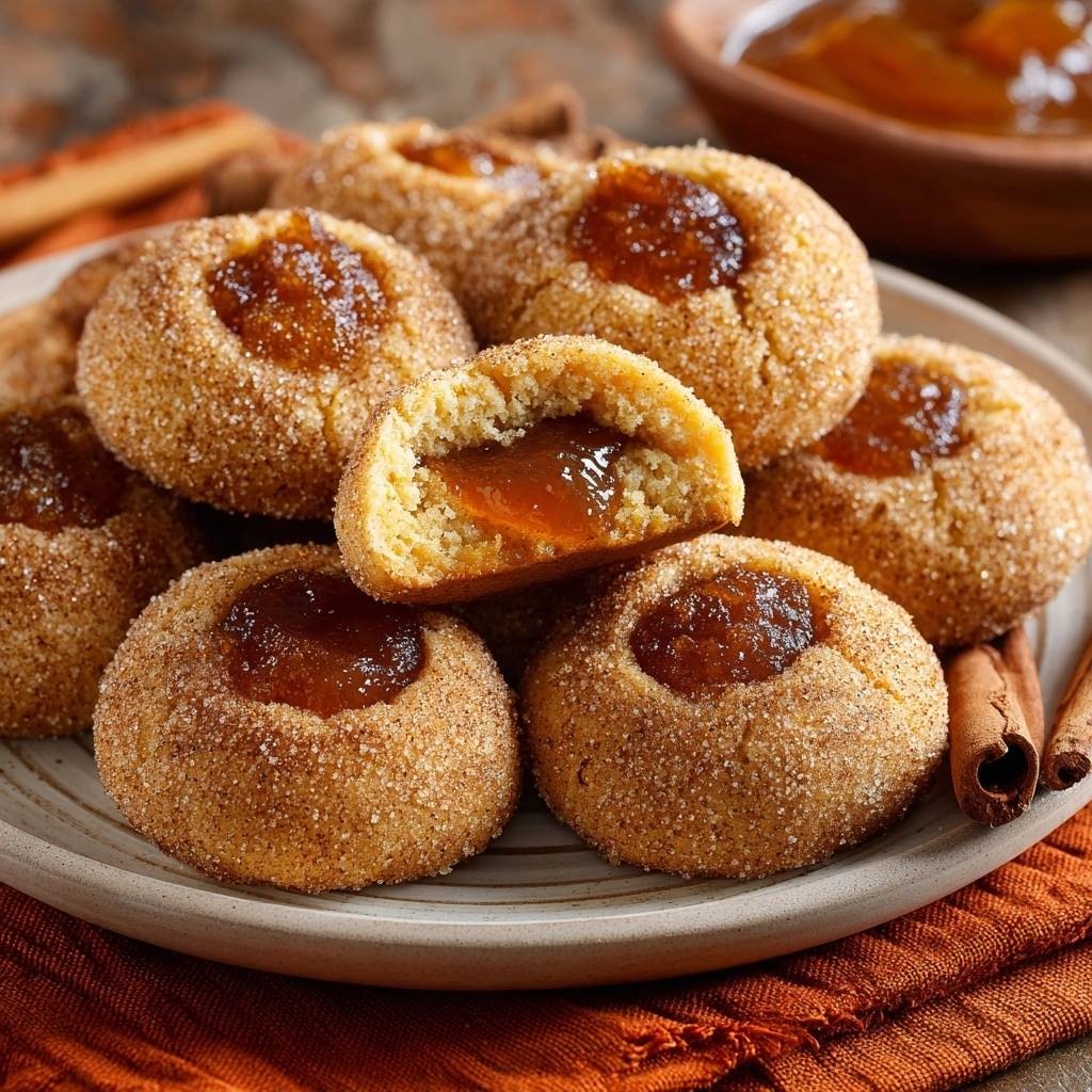 Knusprige Zimt-Marmeladen-Thumbprints angeschnitten, um die fruchtige Füllung und die zarte Keksstruktur zu zeigen.