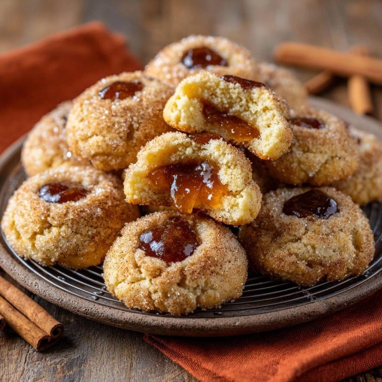 Knusprige Zimt-Marmeladen-Thumbprints angeschnitten, die saftige Marmeladenfüllung im Inneren freilegend.