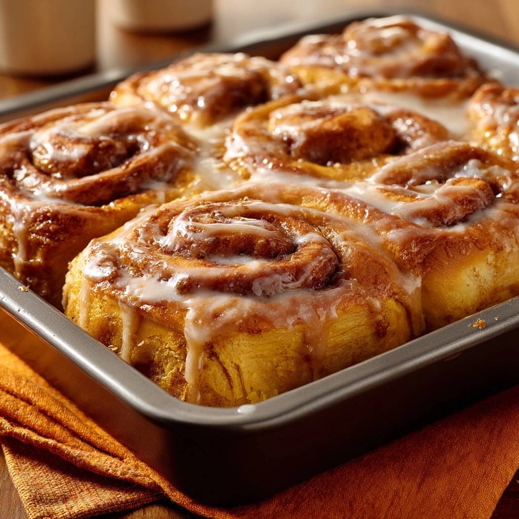 Zimtschnecken mit cremiger Glasur zeigen eine köstliche Nahaufnahme der fluffigen Gebäckschnecken in einer Backform.