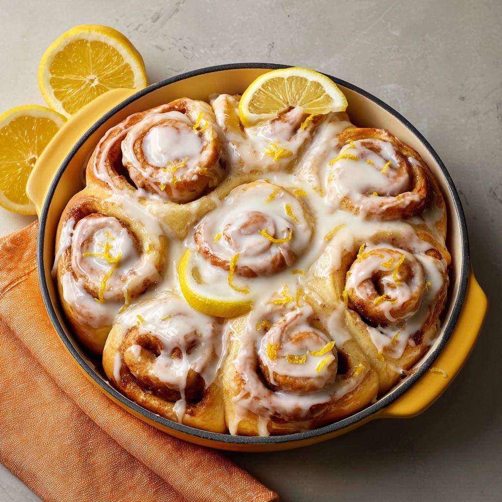 Zitronen-Brioche-Schnecken, frisch gebacken und mit Zuckerguss, Zitronenschale und Zitronenscheiben garniert, in einer gelben Auflaufform serviert.