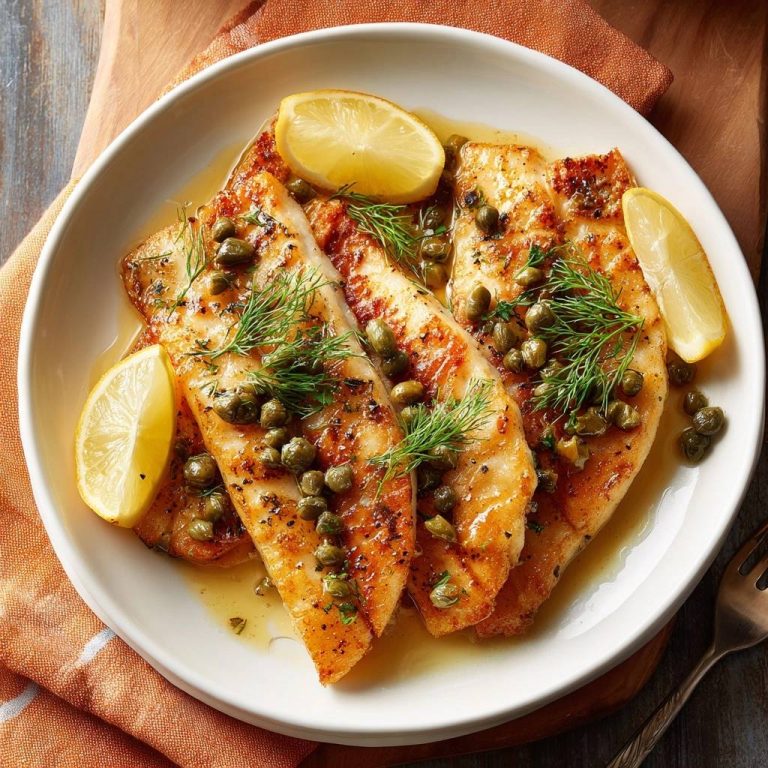 Knuspriger Zitronen-Kapern-Fisch, saftig und knusprig, serviert auf einem weißen Teller mit Kapern und Zitrone garniert.
