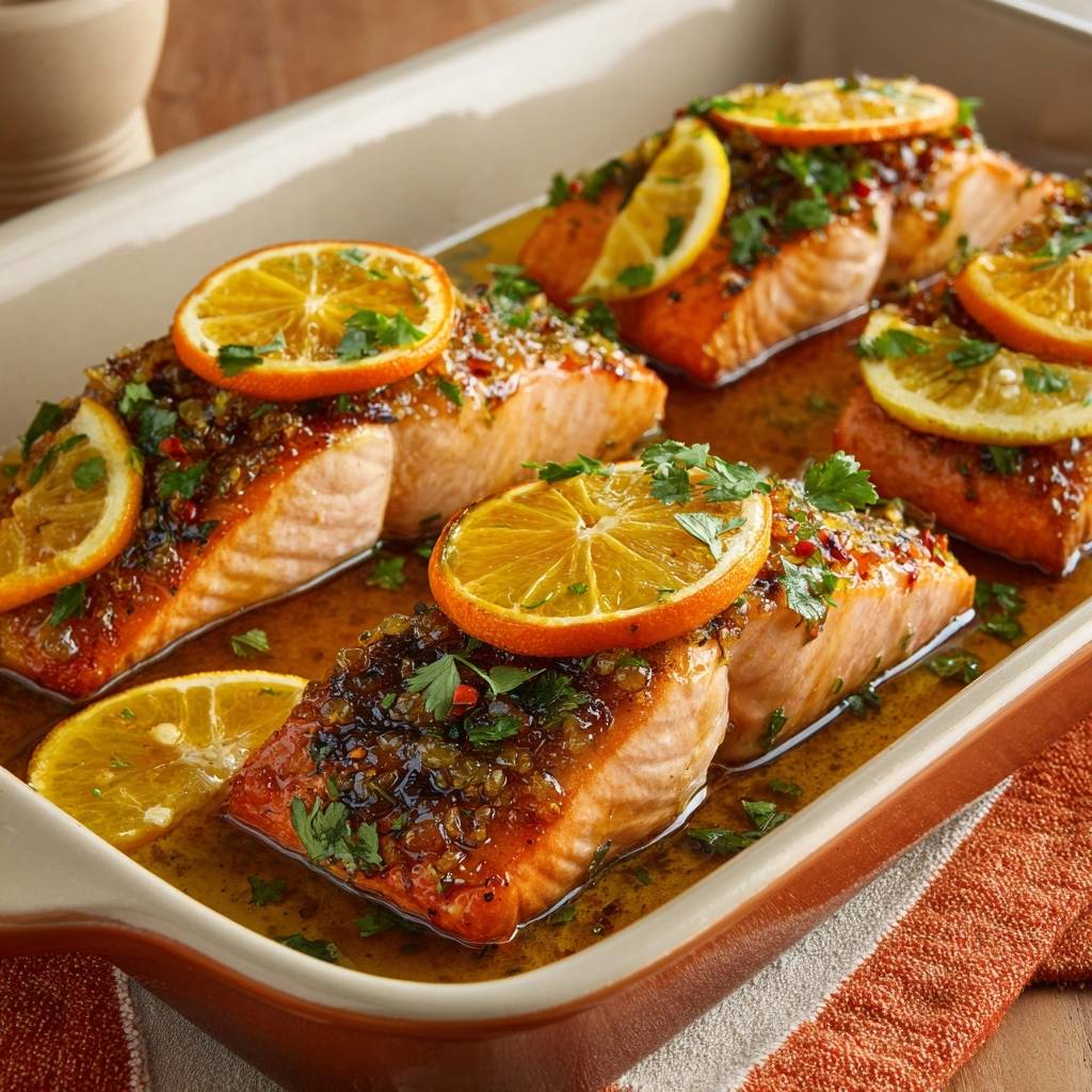 Knuspriger Zitronenlachs aus dem Ofen, garniert mit Orangenscheiben und frischer Petersilie in einer Auflaufform.