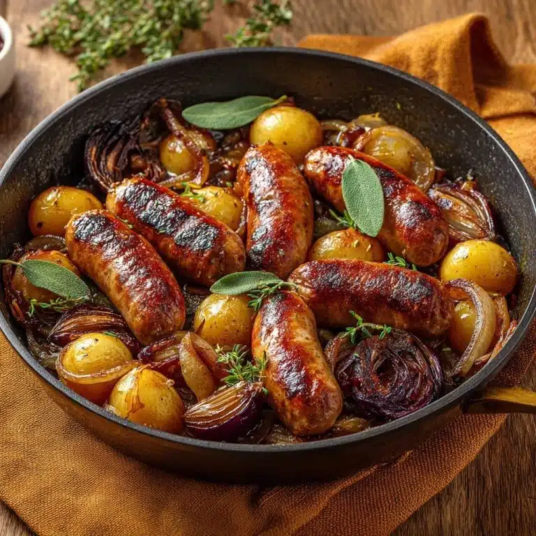 Bratwürstchen-Pfanne mit Babykartoffeln, Zwiebeln und Salbei
