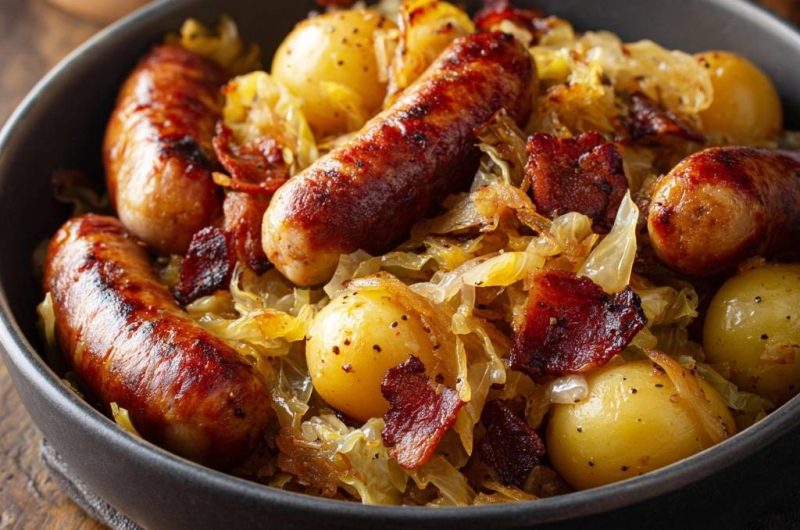 Bratwurst mit Sauerkraut, Babykartoffeln und Speck