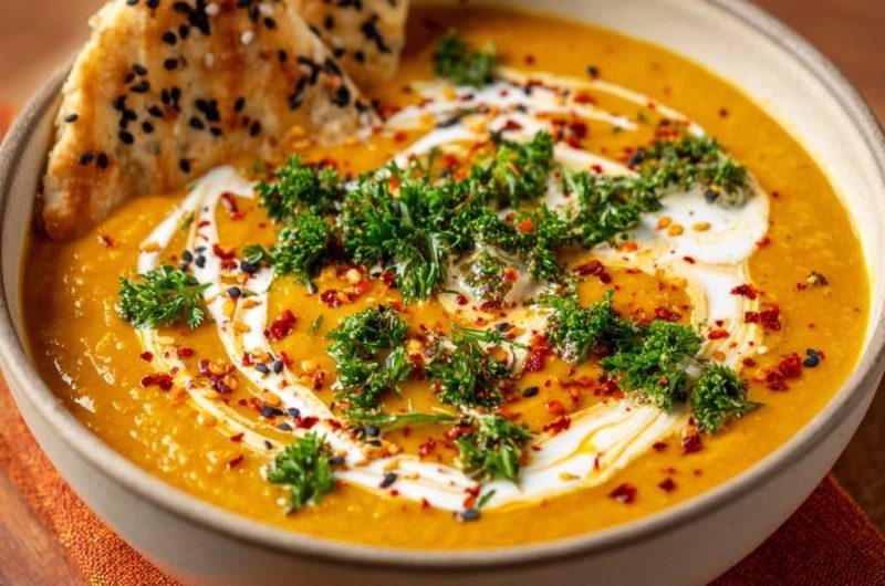 Cremige Kürbissuppe mit Sesam-Pita