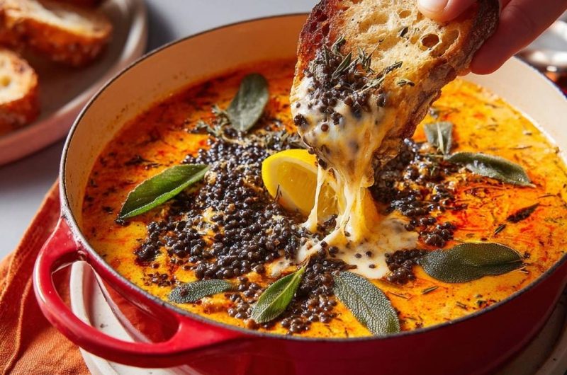 Cremige Schwarze-Linsen-Suppe mit Salbei und Zitronenkäse