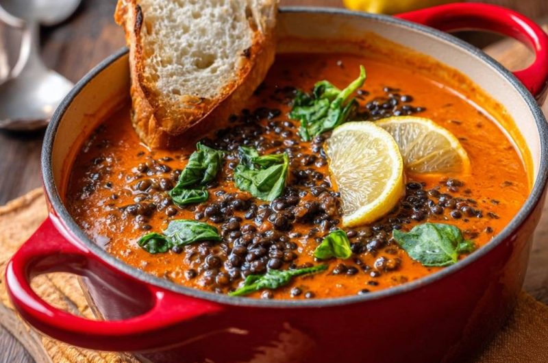 Cremige Tomaten-Linsensuppe mit Spinat (Nie wieder harte Linsen!)